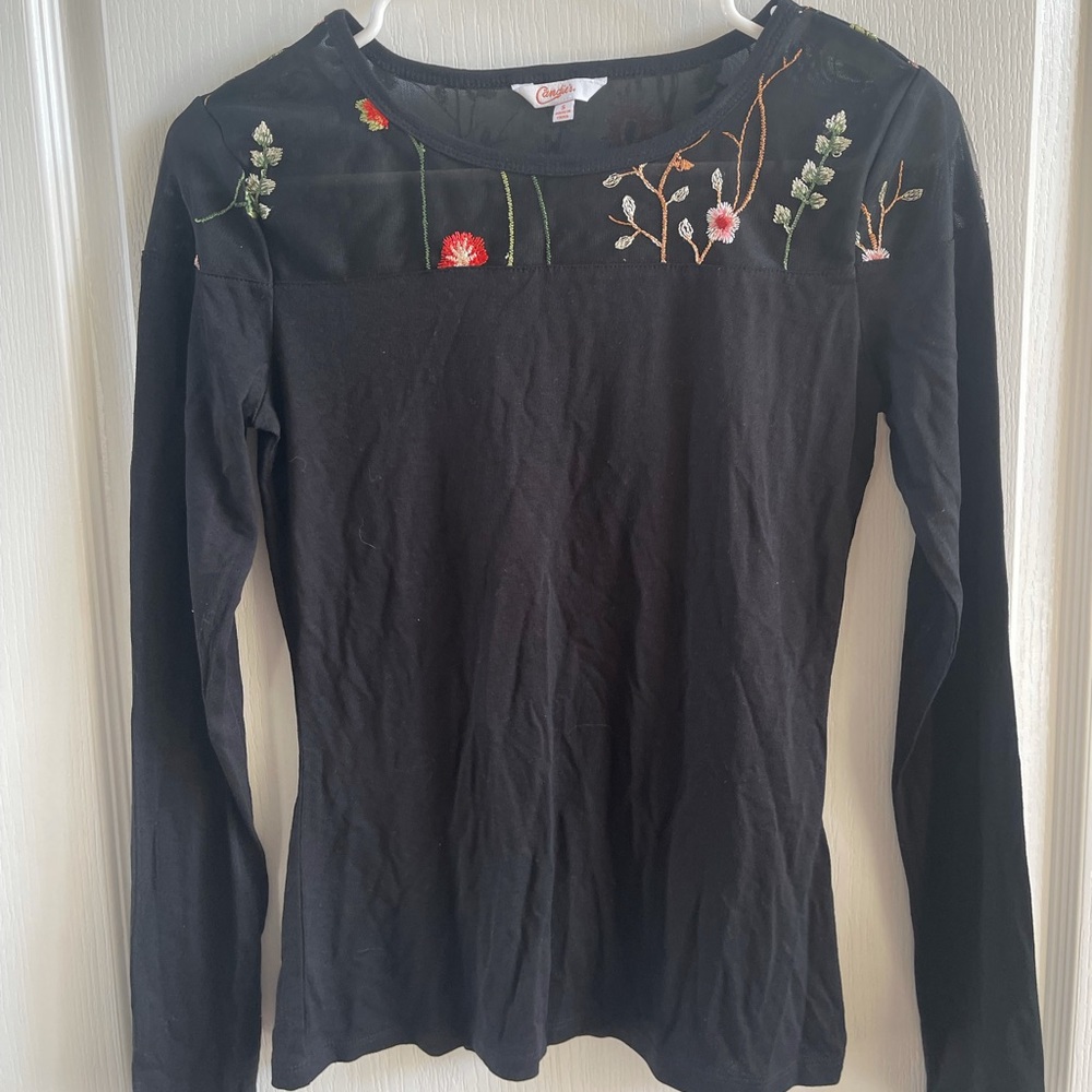 Candies Womens Black Stretch Top | Size S | Long Sleeve Embroidered Part Mesh